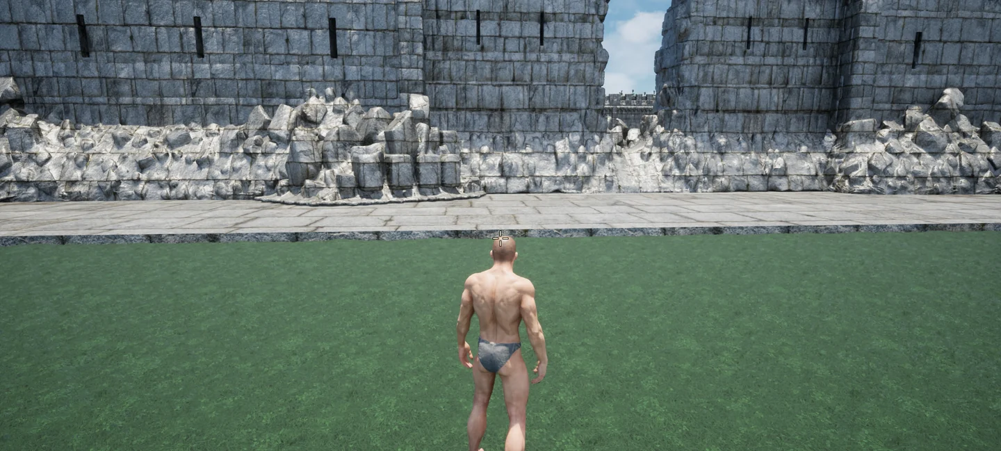 A third-person character outside Crownfall's stone castle in a development capture